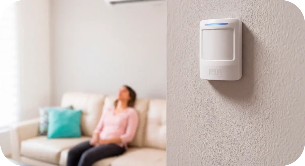 Mulher tranquila em casa pois sabe que tem um Alarme de Segurança EMIVE instalado