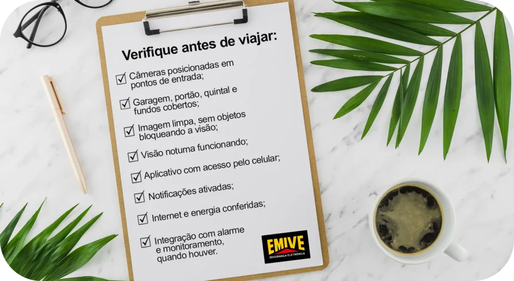Verifique antes de viajar:
- câmeras posicionadas em pontos de entrada;
- garagem, portão, quintal e fundos cobertos;
- imagem limpa, sem objetos bloqueando a visão;
- visão noturna funcionando;
- aplicativo com acesso pelo celular;
- notificações ativadas;
- internet e energia conferidas;
- integração com alarme e monitoramento, quando houver.