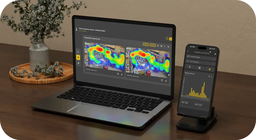 Raio-X do Negócio: como a câmera inteligente da Emive transforma imagens em decisões 1 imagens de câmera com mapa de calor no notebook