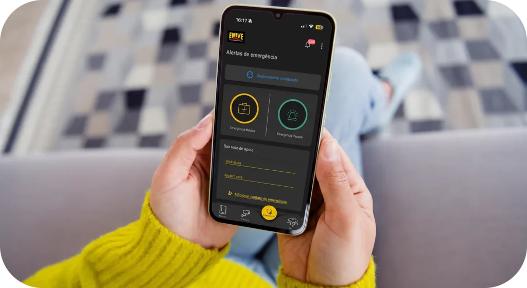 Botão de pânico: como a Emive ajuda a acionar proteção quando cada segundo importa 1 Imagem ilustrativa do app da EMIVE com o Botão de pânico